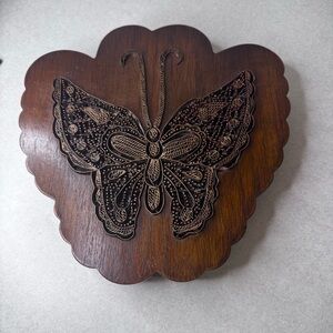 Copper Batik Stamp Tjap Wooden Butterfly Trivet Wall Décor Brown 9.5” x 10”